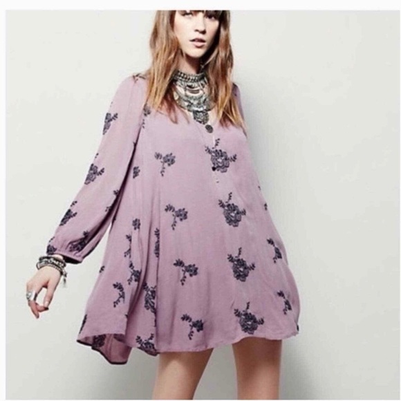 NWOT Free People Austin Mini Dress Embroidered  Boho Floral Mauve Long Sleeve XS - Picture 2 of 4